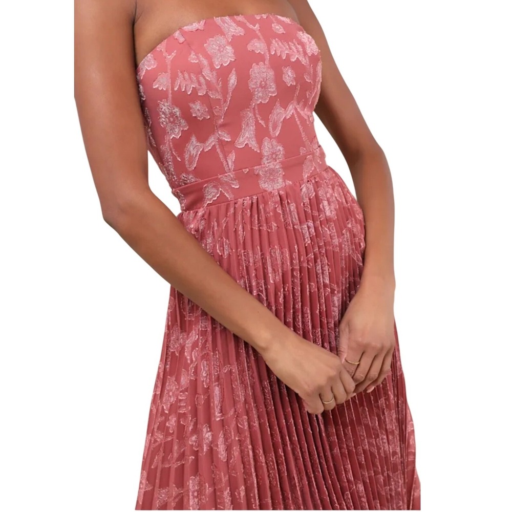 NWT Lulus Perfectly Stunning Rusty Rose Jacquard Strapless Midi Dress S Pleated - Picture 3 of 10